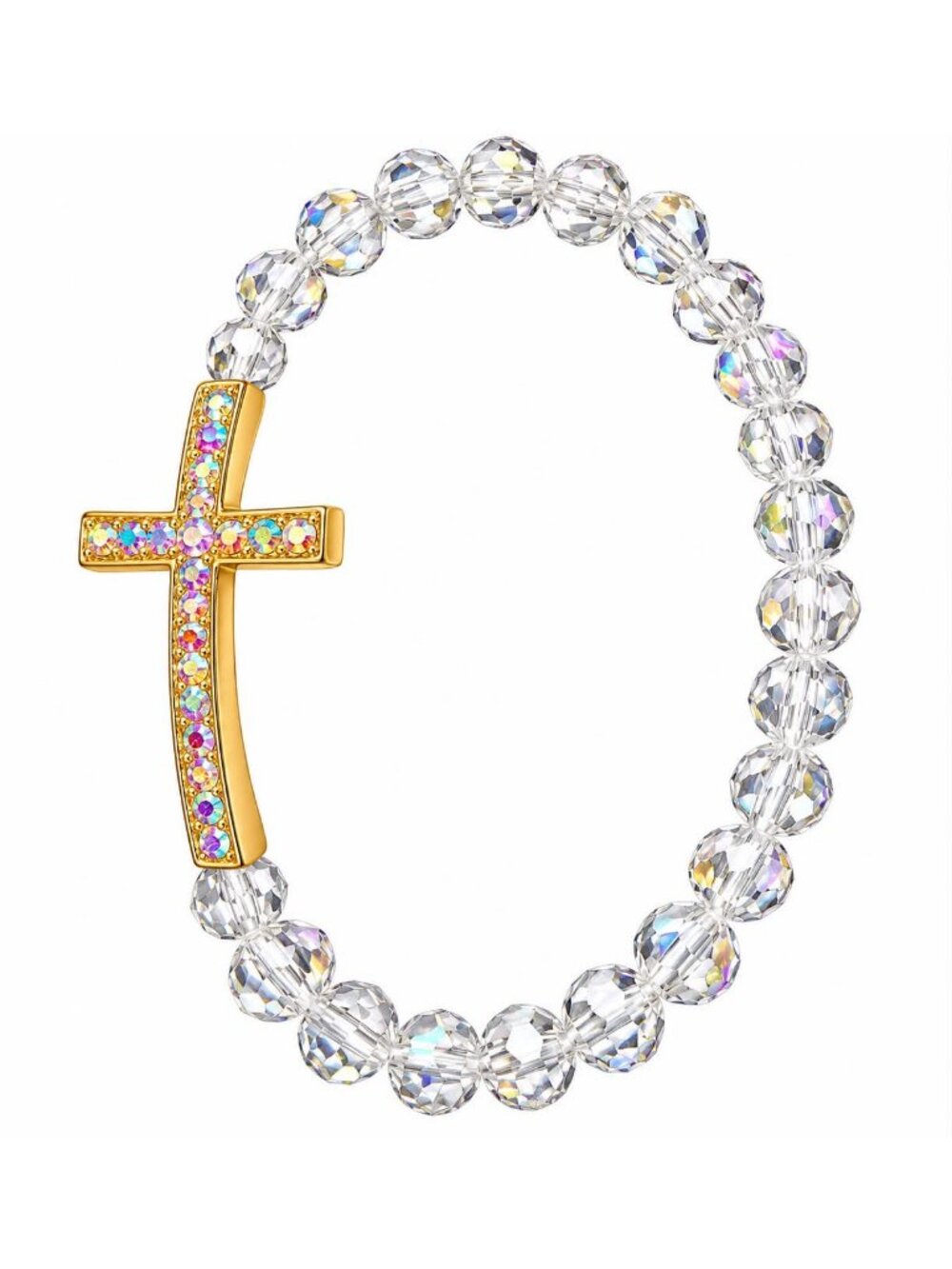 Gold Cross Crystal Beaded Stretch Bracelet